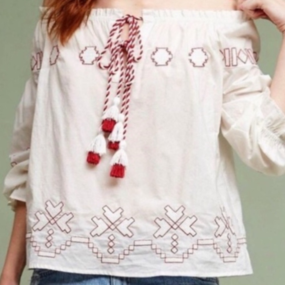 Anthropology: Harlyn top Embroidered Off-Shoulder White Top- XS